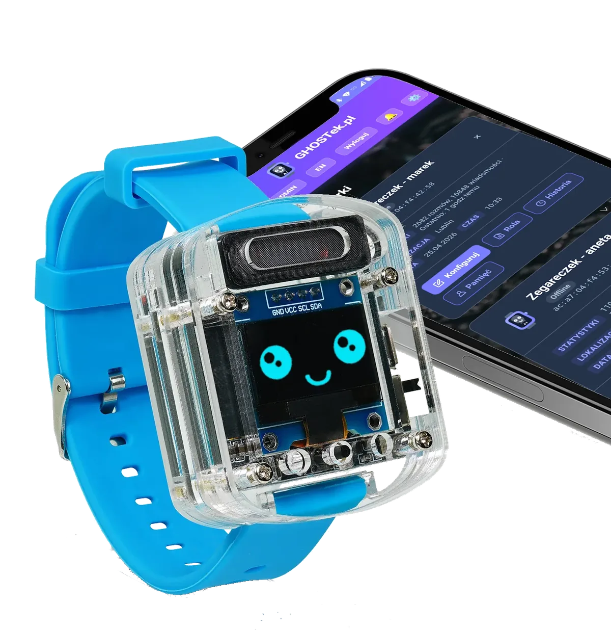Panel GHOSTek app.ghostek.pl na telefonie — konfiguracja asystenta AI